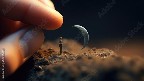 A tiny moon sitting on the tip of the finger, macro shot, miniaturecore, natural phenomena