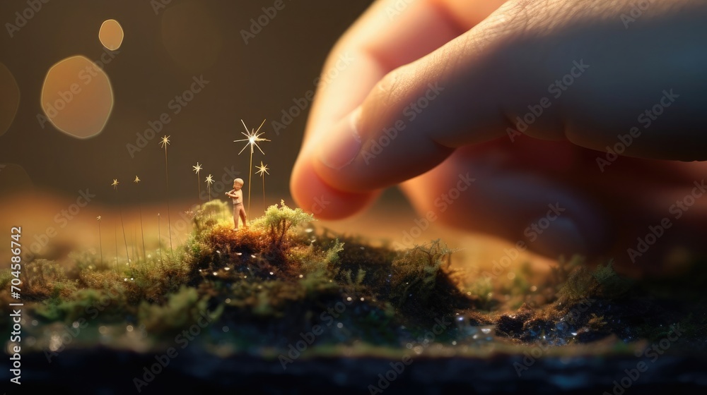 Fototapeta premium A tiny star sitting on the tip of the finger, macro shot, miniaturecore, natural phenomena