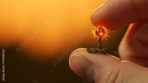A tiny sunflower sitting on the tip of the finger, macro shot, miniaturecore, natural phenomena