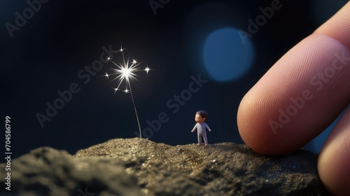 A tiny star sitting on the tip of the finger, macro shot, miniaturecore, natural phenomena