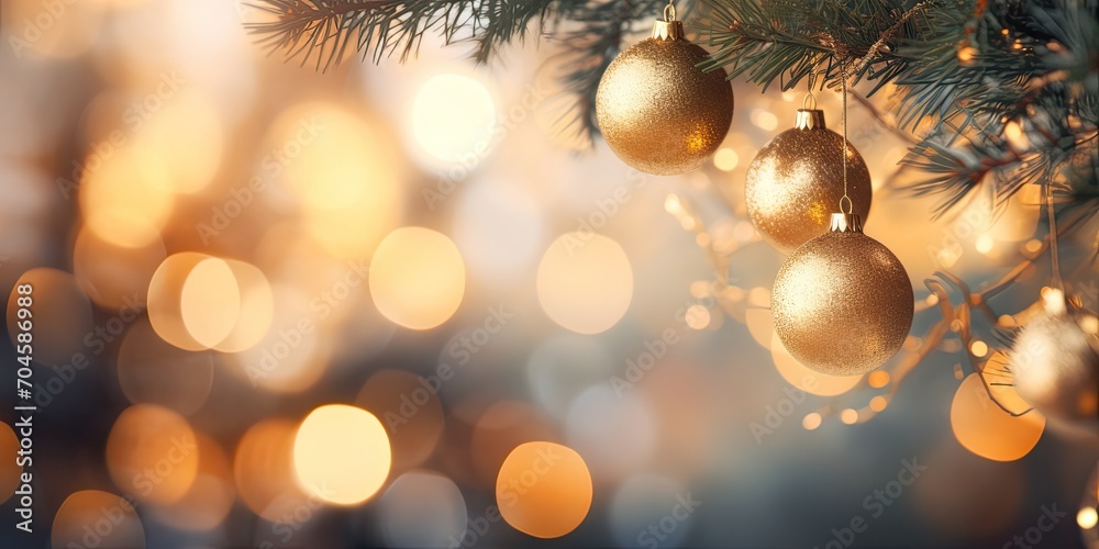 Blurred festive lights and golden balls on a fir tree during Christmas.