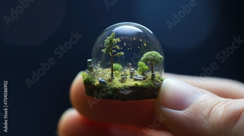 A tiny space sitting on the tip of the finger, macro shot, miniaturecore, natural phenomena