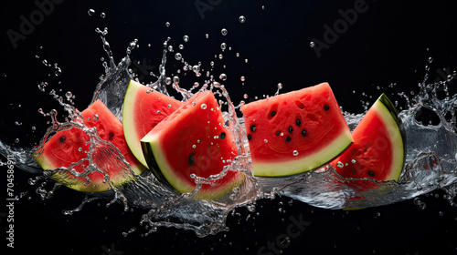 Smooth Fresh ripe organic Watermelon Fruits slices and falling into water and splashes created with Generative AI Technolog