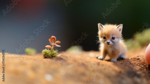 A tiny fox sitting on the tip of the finger, macro shot, miniaturecore, natural phenomena