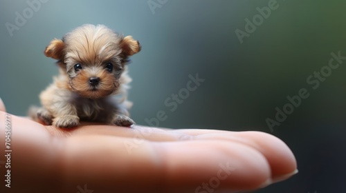 A tiny dog sitting on the tip of the finger, macro shot, miniaturecore, natural phenomena