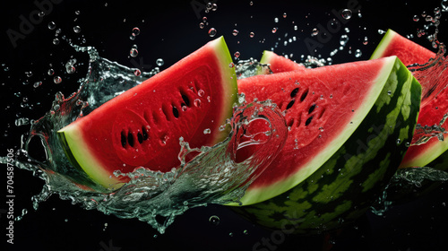 Smooth Fresh ripe organic Watermelon Fruits slices and falling into water and splashes created with Generative AI Technology