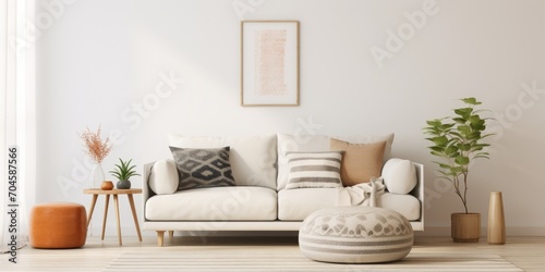 Mock up poster frame  beige sofa  wooden coffee table  rug  pouf  vase with rowan  rounded armchair  plaid  personal accessories. Living room decor. Template.