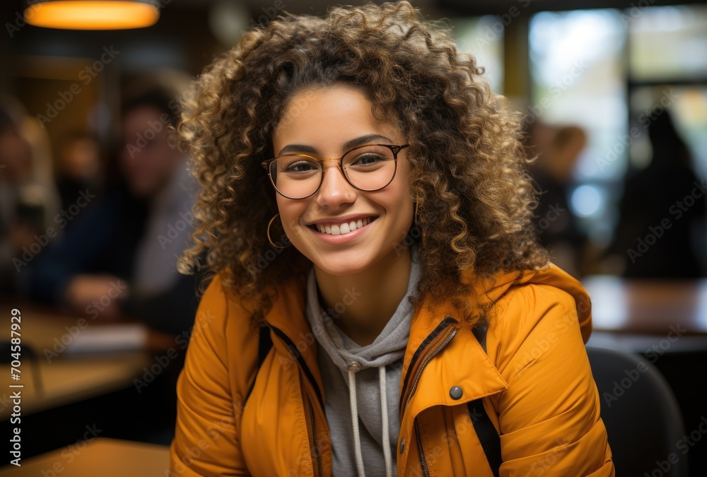 A stylish woman with curly hair and glasses beams with a bright smile as she poses indoors, donning a vibrant yellow jacket that adds a pop of color to her ensemble