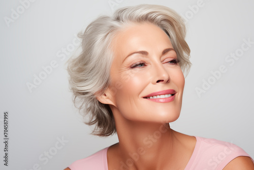 Gorgeous senior older smiling Caucasian woman with natural makeup on grey background with copy space