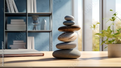 Zen stones stacked on an office table. Ideal for conveying the essence of relaxation  mindfulness  and a stress-free workplace.