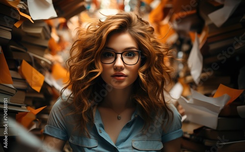 A joyful woman with fiery curls and glasses radiates confidence as she embraces her unique style and personality