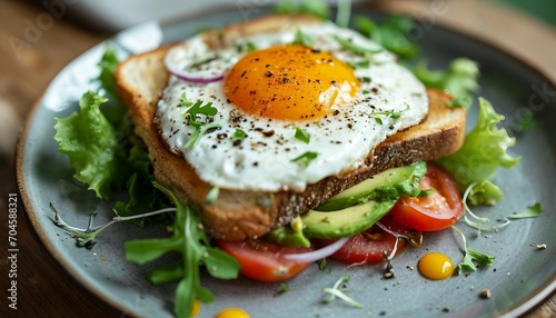 a plate with a sandwich and a fried egg on it with avocado, a close up of a piece of bread with an egg on top of it on a wooden platter, sandwich, plate
