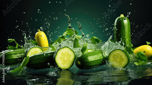 Smooth Fresh organic raw green zucchini courgette baby marrow Vegetables falling into water and splashes created with Generative AI Technology 