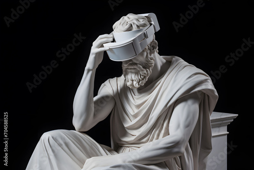 Greek Roman Style Statue thinker with VR glasses