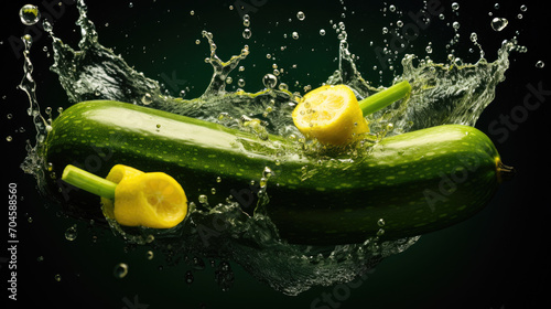 Smooth Fresh organic raw green zucchini courgette baby marrow Vegetables falling into water and splashes created with Generative AI Technology  