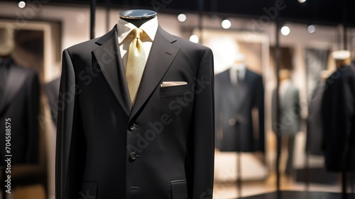 Luxurious black suits on display in the shop