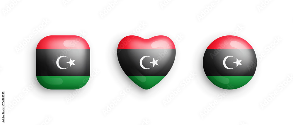 Libya Official National Flag 3D Vector Glossy Icons In Rounded Square, Heart And Circle Form Isolated On White Background. Libyan Sign And Symbols Graphic Design Elements Volumetric Buttons Collection Libya Official National Flag 3D Vector Glossy Icons In Rounded Square, Heart And Circle Form Isolated On White Background. Libyan Sign And Symbols Graphic Design Elements Volumetric Buttons Collection