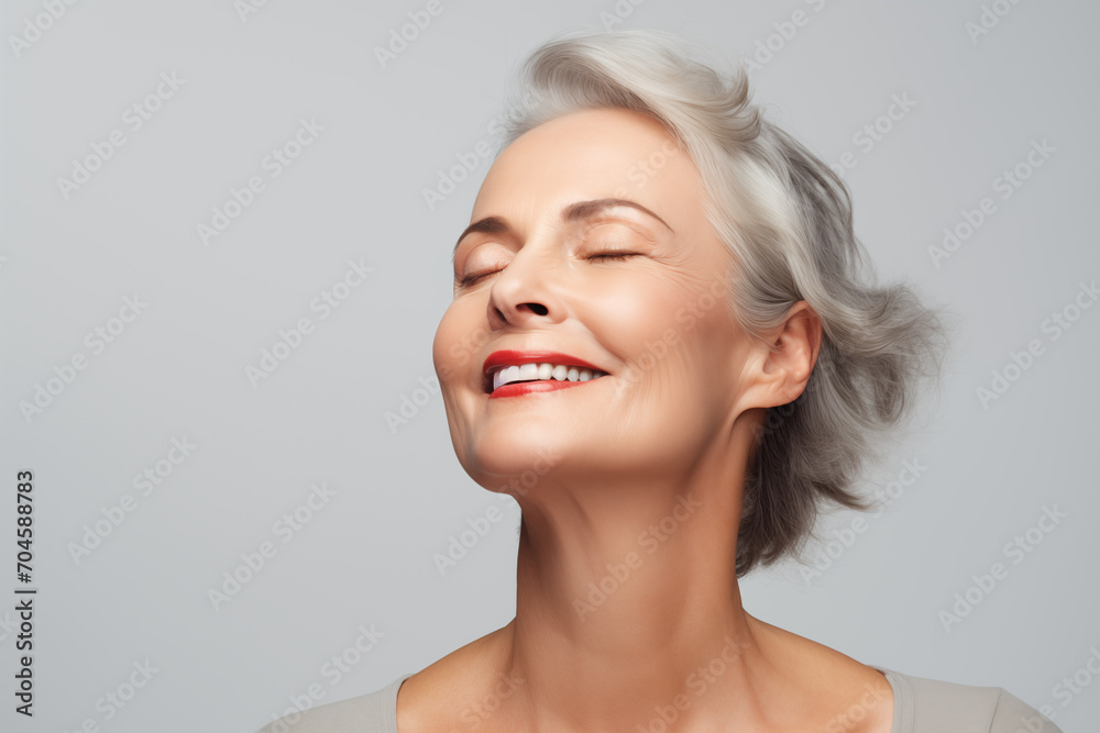 Gorgeous senior older smiling Caucasian woman with natural makeup on grey background with copy space Gorgeous senior older smiling Caucasian woman with natural makeup on grey background with copy space