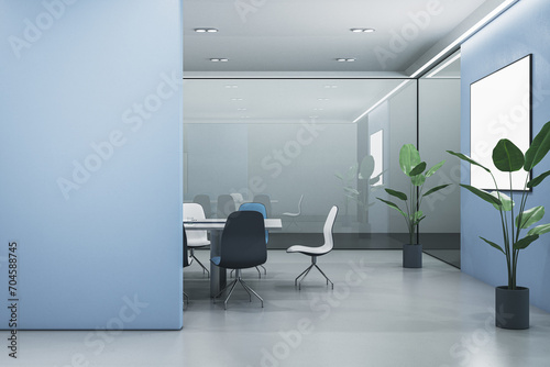 Modern blue, concrete and glass meeting room interior with empty white mock up frame , furniture and partitions. Workplace concept. 3D Rendering.
