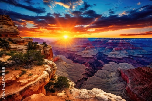 the sun setting over the expansive and awe-inspiring Grand Canyon, showcasing the extraordinary blend of vibrant colors, A panoramic view of the Grand Canyon at sunset, AI Generated