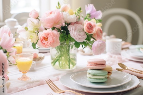 A table beautifully arranged with a vase of flowers and a plate filled with colorful macaroons, A pastel themed Motherâ€™s Day brunch, AI Generated