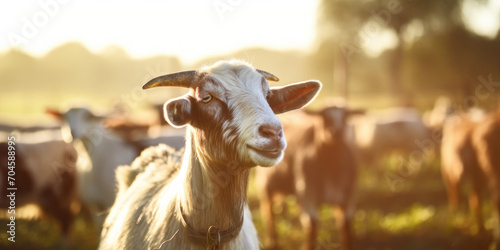 Adorable goat with horns in a rural village, showcasing the charm of farming life.