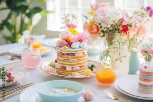 A table featuring a stack of cake accompanied by a vase filled with colorful flowers, A pastel themed Motherâ€™s Day brunch, AI Generated