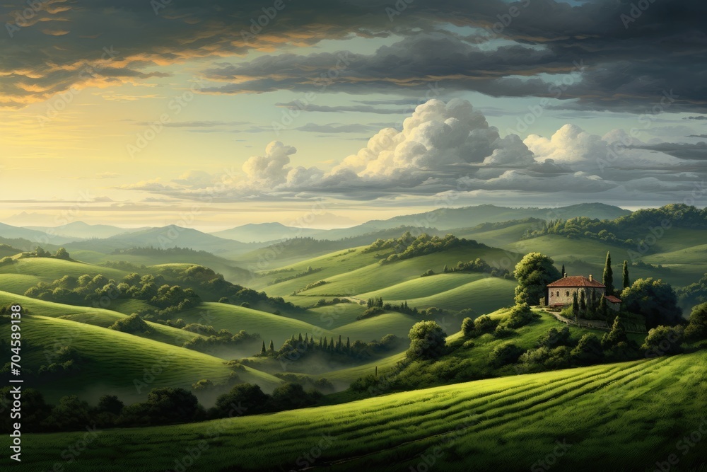 Fototapeta premium A beautiful painting showcasing a green landscape with a solitary house perched on top of a hill, A peaceful countryside with rolling hills and a solitary farmhouse, AI Generated