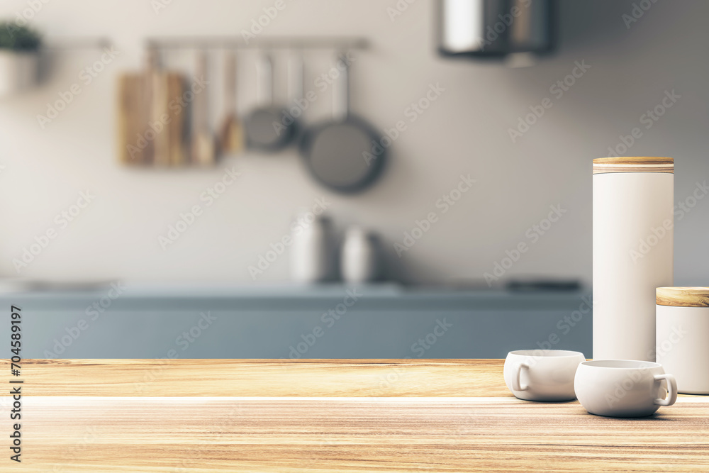Minimalistic kitchen with wooden tabletop and neutral tones. Product staging area concept. 3D Rendering - obrazy, fototapety, plakaty 