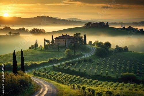A stunning image capturing the setting sun casting a warm glow over the beautiful rolling hills  A peaceful countryside in Tuscany during sunrise  AI Generated