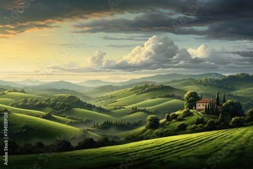 A beautiful painting showcasing a green landscape with a solitary house perched on top of a hill, A peaceful countryside with rolling hills and a solitary farmhouse, AI Generated