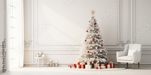 Festive room with a Christmas tree and happy family in white sweaters.