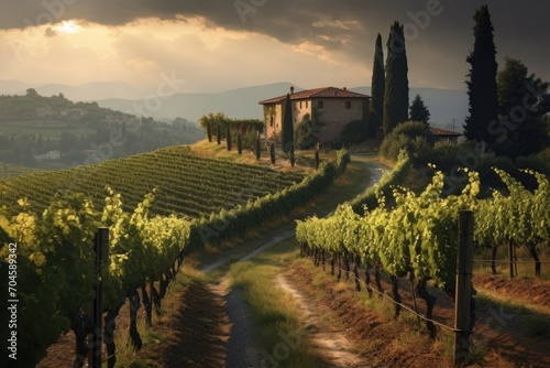 A dirt road creates a picturesque path through a lush and vibrant green vineyard, A peaceful scene of a lush vineyard in the heart of Tuscany, AI Generated