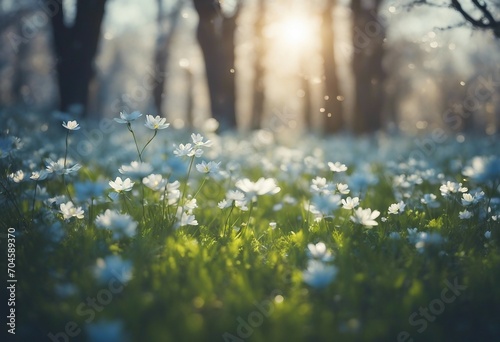 Beautiful blurred spring background nature with blooming glade trees and blue sky on a sunny day