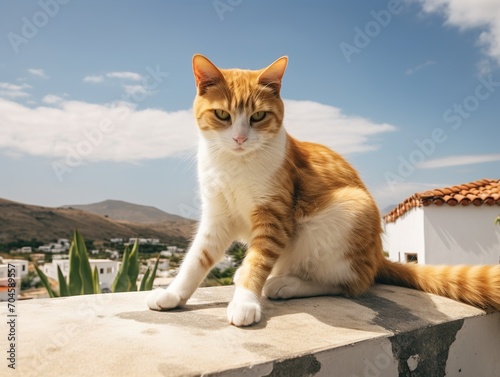 Ginger cat on a wall looking at the view
