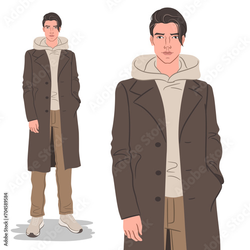 Vector fashion illustration of a handsome, young man in a winter outfit. Male fashion model posing in a stylish coat.