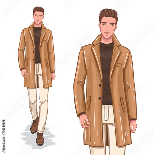 Vector hand-drawn fashion illustration of a handsome, young man. Male fashion model walking in a stylish coat, isolated on a white. Fashion sketch.