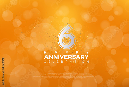 Sixth 6th Anniversary celebration, 6 Anniversary celebration, Realistic 3d sign, Orange background, festive illustration, Silver number 6 sparkling Glitter, 6,7 photo