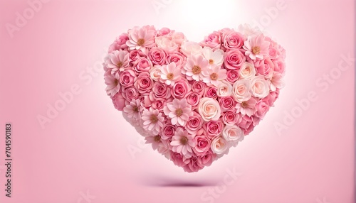 Pink heart with flowers on pink background. Valentine's Day greeting card. Love and relationship concept	