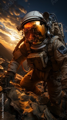 An astronaut climbs a rock on Mars