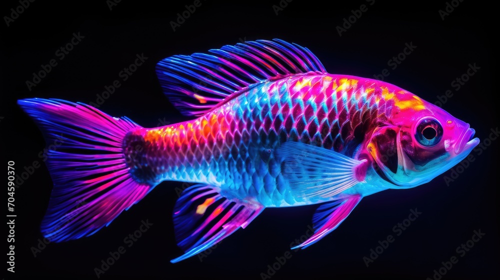 Blue and violet exotic fish. Tropical fish swimming in ocean. Figurine made of glass material. Digital art. Illustration for poster, cover, card or presentation. Blue and violet exotic fish. Tropical fish swimming in ocean. Figurine made of glass material. Digital art. Illustration for poster, cover, card or presentation.
