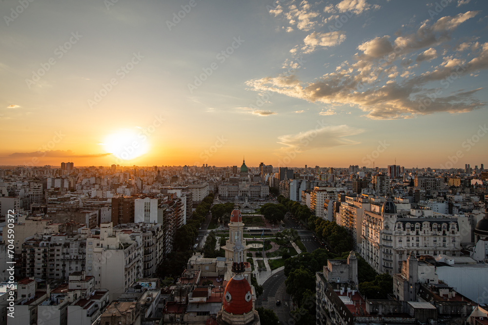 Panorama view on Buenos Aires during sunset showing the senate square with the congress hall, Argentina 