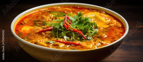 Spicy curry soup from Myanmar, a popular street food.