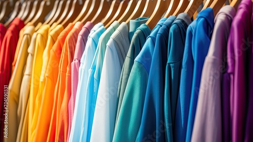 Wallpaper Mural Close-up of a rack with wooden hangers on which women's blouses or dresses hang. Assortment in a clothing store. The concept of updating the wardrobe, sales or purchases. Illustration for advertising. Torontodigital.ca