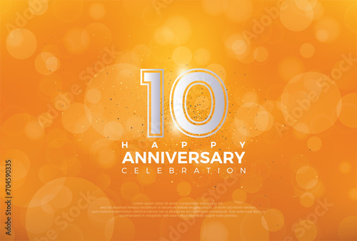 Tenth 10th Anniversary celebration, 10 Anniversary celebration, Realistic 3d sign, Orange background, festive illustration, Silver number 10 sparkling Glitter, 10,11 photo
