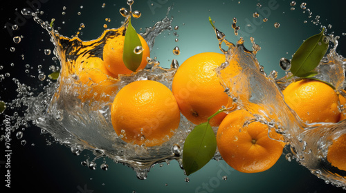 Smooth Fresh ripe organic Orange Tropical Fruits slices and falling into water and splashes created with Generative AI Technology