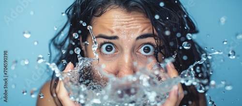 Skeptical young Latin woman pours water on her face in surprise.