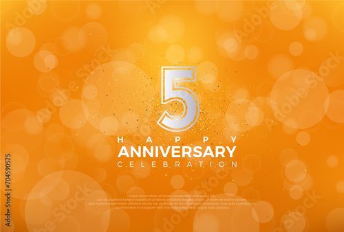 Fifth 5th Anniversary celebration, 5 Anniversary celebration, Realistic 3d sign, Orange background, festive illustration, Silver number 5 sparkling Glitter, 5,6
