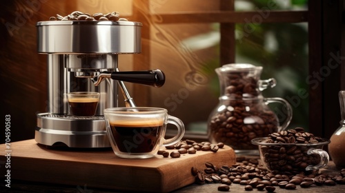 world of coffee with this captivating image. An espresso coffee maker and capsules rest on a stylish wooden table, offering a sophisticated touch for coffee enthusiasts and barista-themed projects.