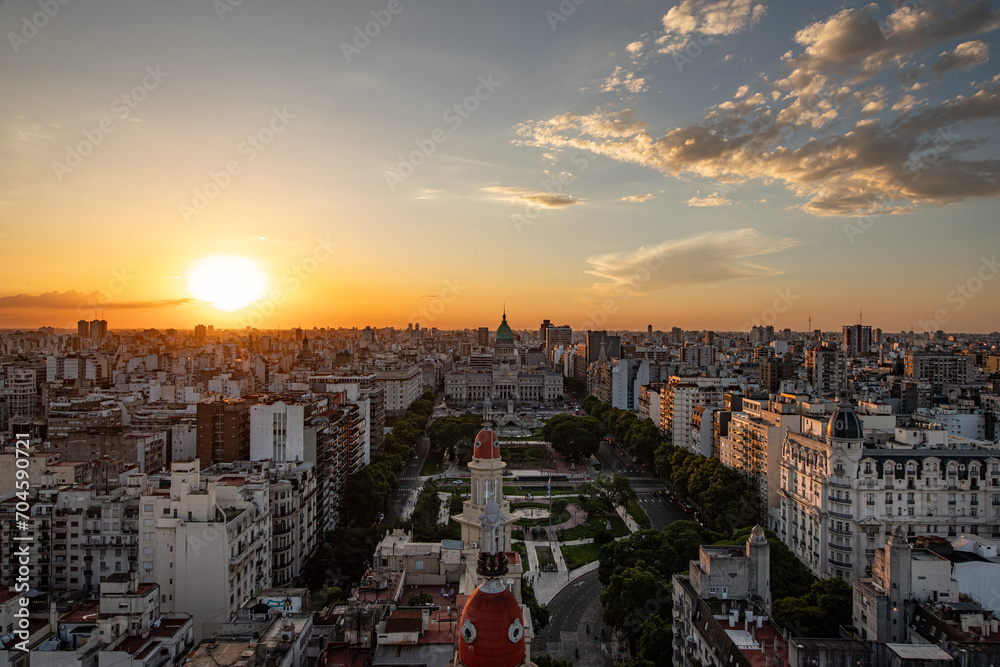 Panorama view on Buenos Aires during sunset showing the senate square with the congress hall, Argentina 
